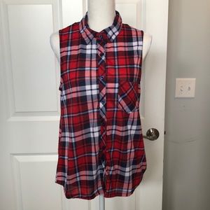 Red white and blue plaid button up
